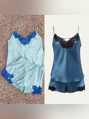 CHRISTINE LINGERIE Bijoux Short Lace-trim Silk Pajama Set Turquoise & Blue S New
